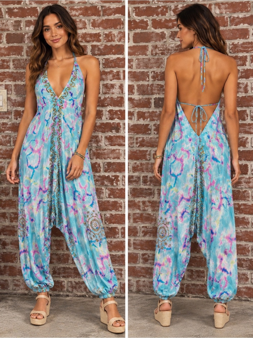 Juliet Dunn Turquoise Blue & pink silk jumpsuit onesie